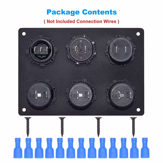 Panel automotriz de aluminio de 6 orificios con toma USB dual, voltímetro, toma de corriente e interruptor de palanca